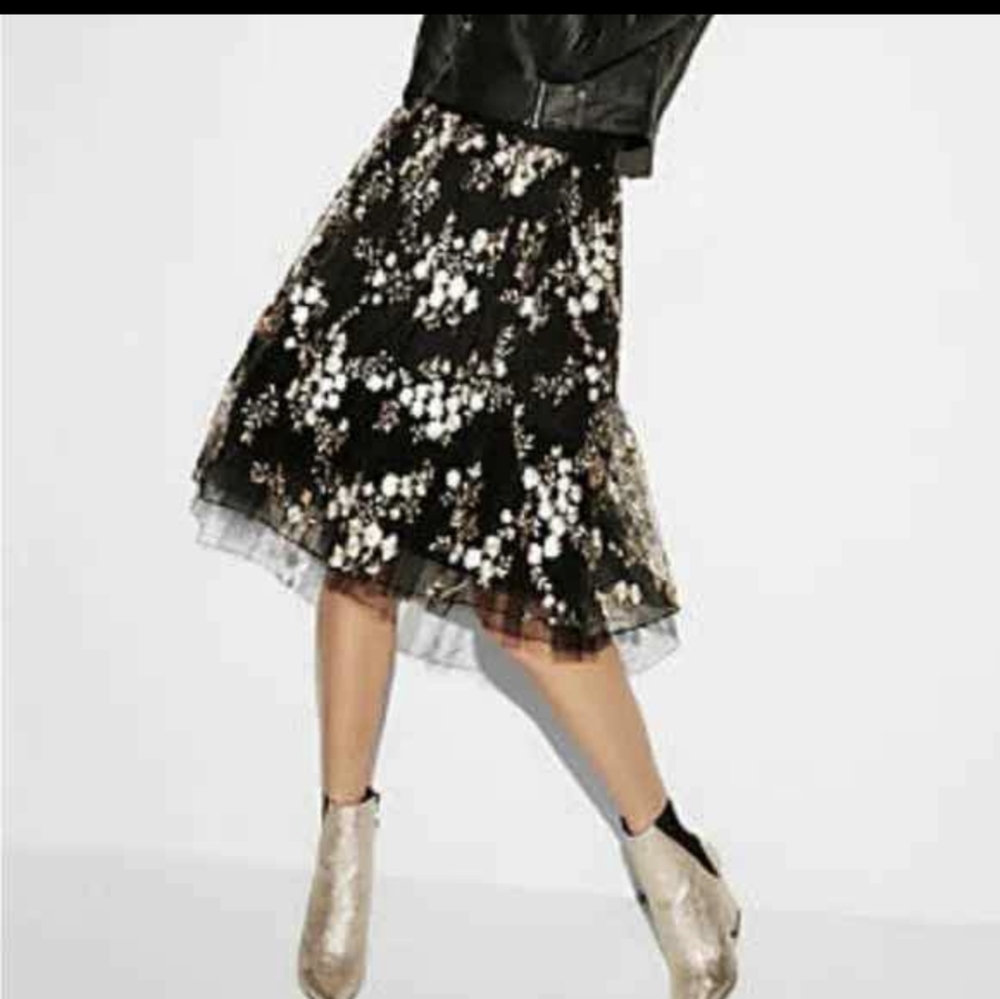 Express Floral Embroidered Ballerina Midi Skirt (XS)